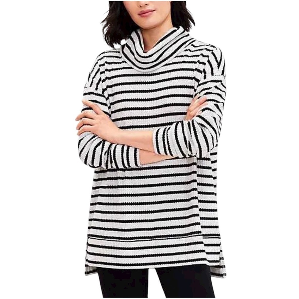 Lou & Grey Stripe Tunic Sweater Womens XL Black White Cowl Neck Waffle Knit